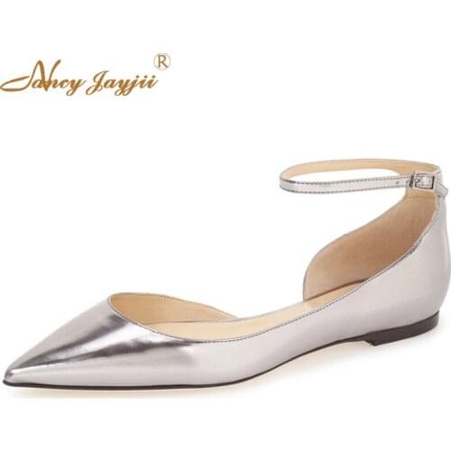 2017 Women Silver Fashion Pointed Toe Ankle Strap Flats Woman Casual&Party Sandals Shoes Zapatos Mujer Large 4-16 Nancyjayji