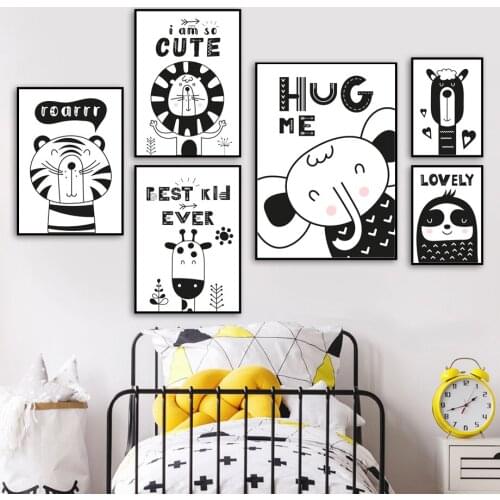 Wall Art Canvas Painting Black White Elephant Giraffe Lion Tiger Sloth Nordic Posters And Prints Picture Kids Room Decor