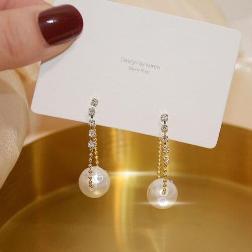 2021 New Fashion Party Wedding Bridal Gold Color Dangle Earrings For Women Elegant Pearl Tassel Crystal Drop Earrings Jewelry
