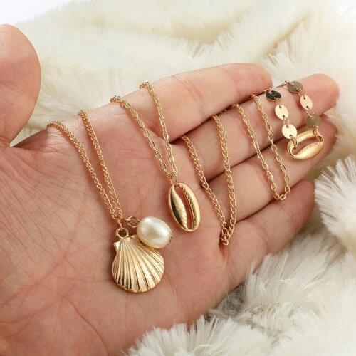 New Multi-layer Pendant Necklace Gold Color Summer Shell Clear Crystal Stone Chain Choker Women Ladies Jewelry