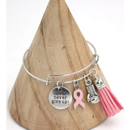 Wholesale 10PCS Breast Cancer Awareness Bangle Bracelet Jewelry Pink Ribbon Fighting Box Gloves Cancer Bracelets For women