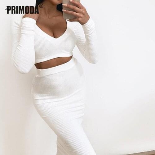 2020 Autumn Women Sets Bodycon Ribbed V-Neck 2 Pieces Sets Solid Crop Tops and Midi Slirt Knitted Sexy Sets Elegant Party PR839G