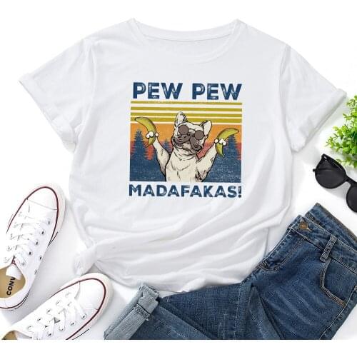 Pew Pew Funny Dog Animal Graphic Tee Top Summer Women Short Sleeve Crewneck T-Shirts Tops Female Oversized Shirt Clothes