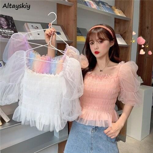 4 Colors Shirts Striped Rainbow Ruffles Puff Sleeve Korean Style Chic Trendy Slim Popular Mesh Tender Ulzzang Female Crop Top
