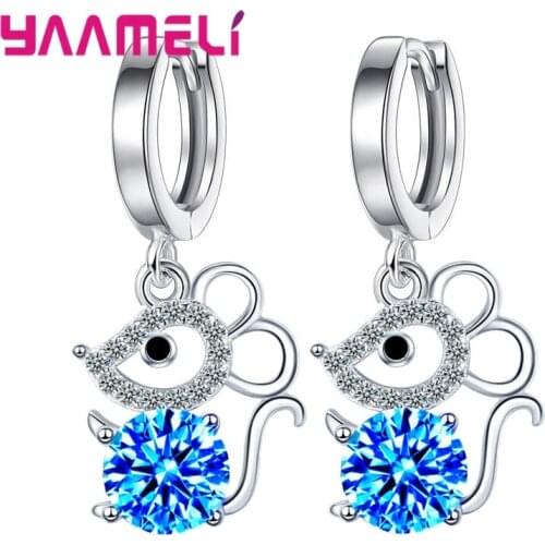 High Quality 925 Sterling Silver Jewelry Ear Decoration Brincos Shiny Austria Crystal Animal Mouse Dangler Huggie Hoop Earrings