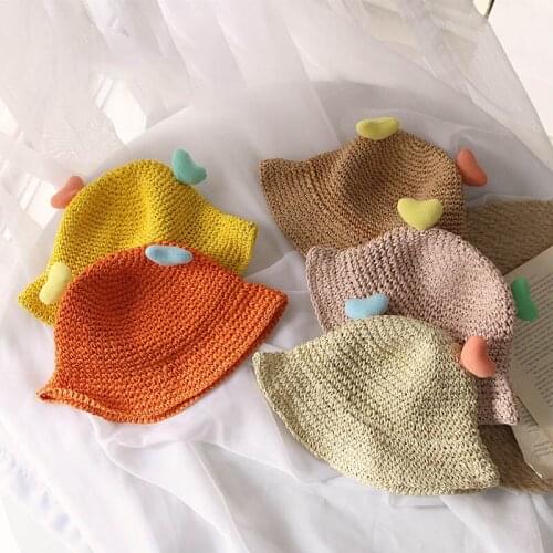 Girls Hats 2021 Fashion New Summer Sun Protection Straws Solid Hat Kids Baby Holiday Cartoon Heart Accessories Children Cute Cap