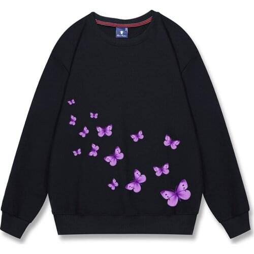 Harajuku Butterfly Printed Sweatshirt Girls Cotton Oversized Hoodie Unisex Clothing Vintage Casual Simple Long Sleeve Streetwear