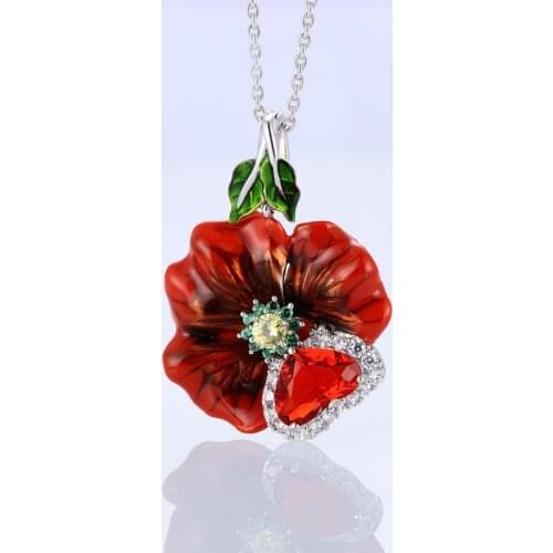 Bohemia Red Flower Leaf Enamel Pendant Necklace for Female Temperamental Big Heart Zircon Silver Clavicle Chain Charm Necklace