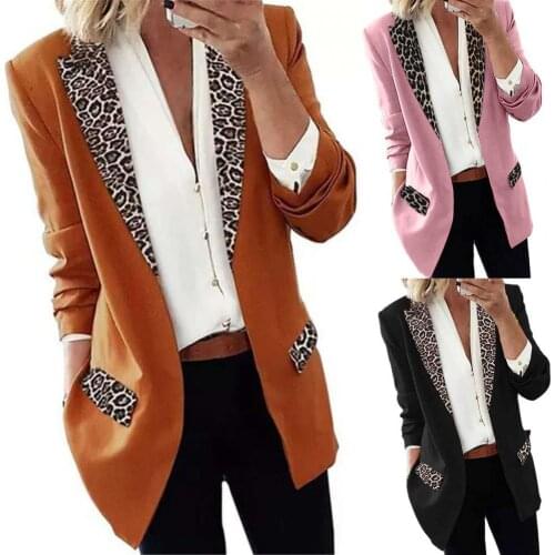 Women Fashion Office Blazer Leopard Print Fake Flap Pockets Autumn Winter Long Sleeve Lapel Suit Jacket for Office Meeting