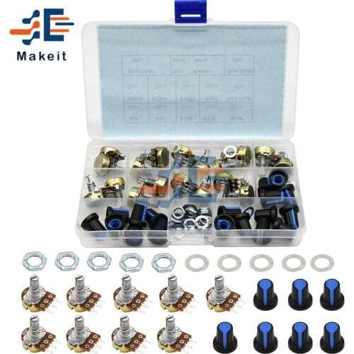 18Pcs/lot 9 Values WH148 Potentiometer B1K 2K 5K 10K 20K 50K 100K 250k 500K 1M ohm Linear Rotary Potentiometer with Knobs