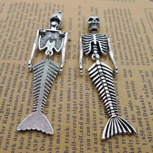 2 pieces 18*75mm Joints can move Mermaid Fish Tail Skeletong Charm Antique silver color Metal Pendant Key chain Accessory