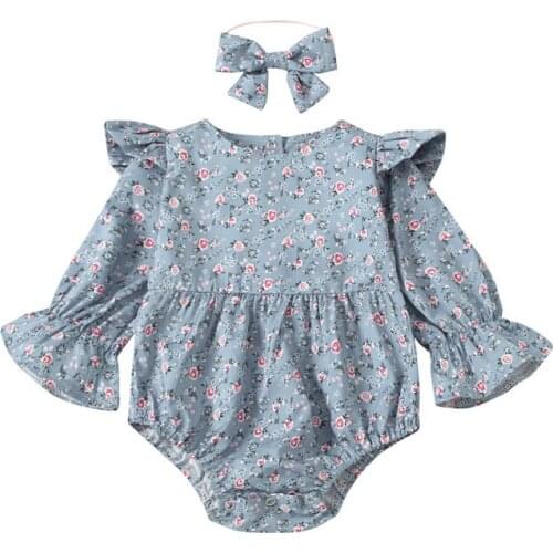 Sweet Baby Girl Outfits 2PCS Summer Autumn Floral Printing Fly Long Sleeve Buttons Romper+Bow Headwear For Newborn Kids18 Months
