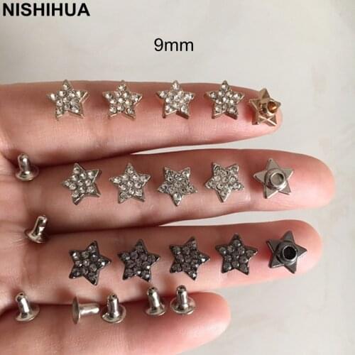 50 sets - Small Star Rivet Studs 9mm Zinc Metal Alloy Star With Shining Crystal Bead,Gold/Silver/Black Decoration Rivets -A
