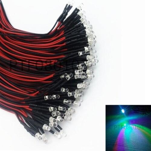 50pcs 3mm/5mm Red/Green/Blue/RGB 12V DC Round Pre-Wired Water Clear LED With Plastic Holder