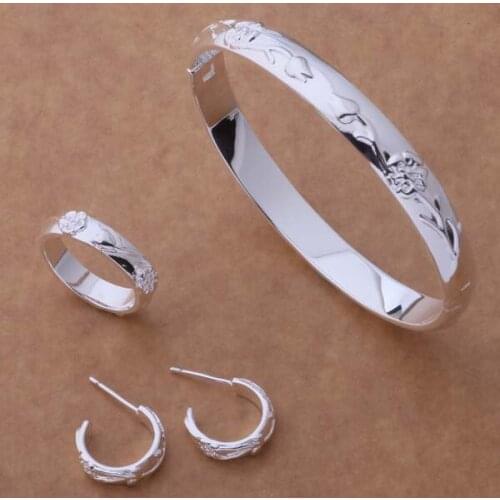 AS060 Hot Lucky Silver Color Jewelry Sets For Women Jewelry Sets Ring 245 + Bangle 086 + Earring 218 /dleamcla Beyajwfa