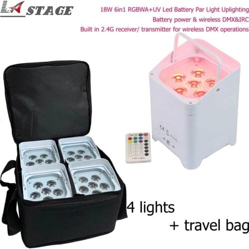 Free Shipping 4pcs IN Travel Bag 6X18W RGBWA+UV DMX IR Wireless Battery Powered LED Uplight Led Par Light DJ Stage Lighting