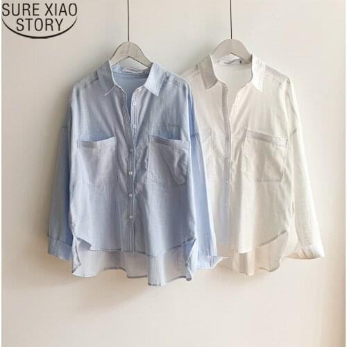 Office Lady Blouses New White Shirts for Women Summer Autumn Turn-down Collar Double Pocket Cotton Linen Tops Mujer Shirt 16307