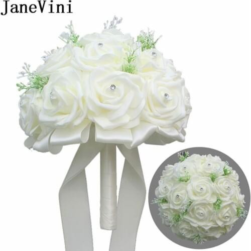 JaneVini Ivory Bride Holding Flowers Beaded Flower Brooch Groom Brooch Bridal Artificial Flower Wedding Bouquet Foam Roses 2018