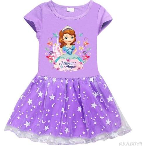 Disney Sofia Kids Clothes Girls Dress Summer Short Sleeve Net Yarn Party Costume Children Clothing
