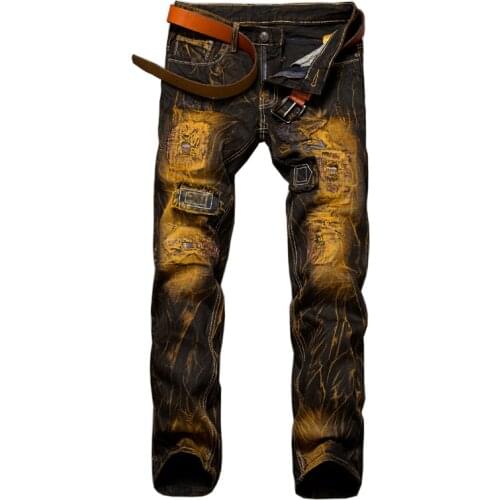 Europe America brand pleated retro hole jeans Homme casual Slim Straight Jeans for men high quality patchwork demin trousers