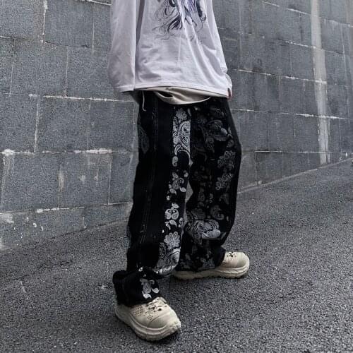 Cashew Print Patchwork Jeans Pants Men and Women Streetwear Straight Washed Harajuku Denim Trousers Loose Ripped Jeans KZ578