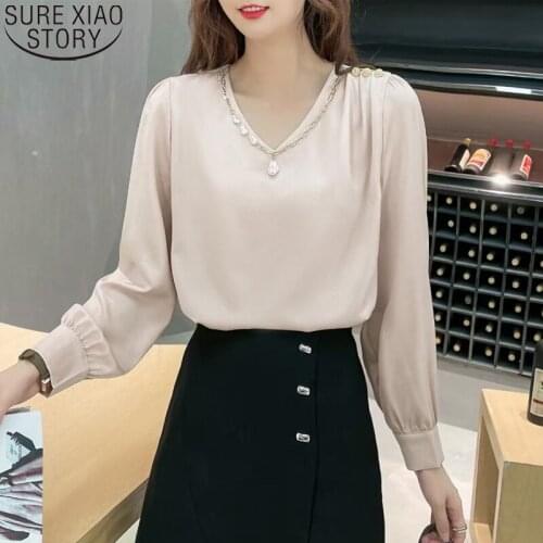 Elegant Office Lady Satin Blouse Women Shirts Autumn 2021 New Fashion Long Sleeve Shirt V-neck Tops Loose Clothes Blusas 16886