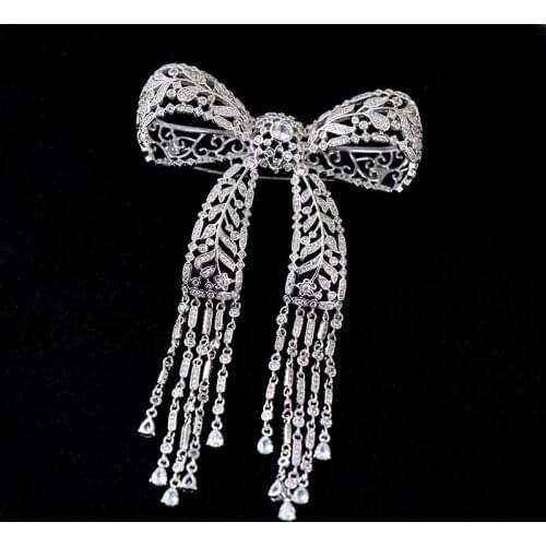 Elegant Zircon Bowknot Tassel Long Brooches for Women Luxury Crown Crystal Drop Brooch Pin Fashion Scarf Jewelry broche mujer