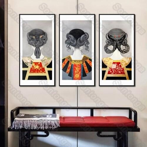 Hair Headdress Woman Back View Clothing Decorative Painting Triptych Decorative Painting Bedroom Room Layout Decorations Wall