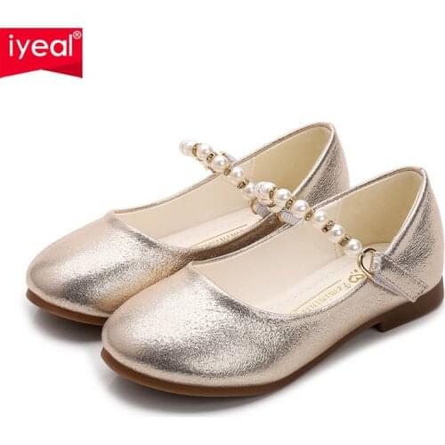 IYEAL Fashion Big Pearl Flower Girl PU Leather Shoes For Girls Party Dance Children Shoes Girls Princess Wedding Shoes