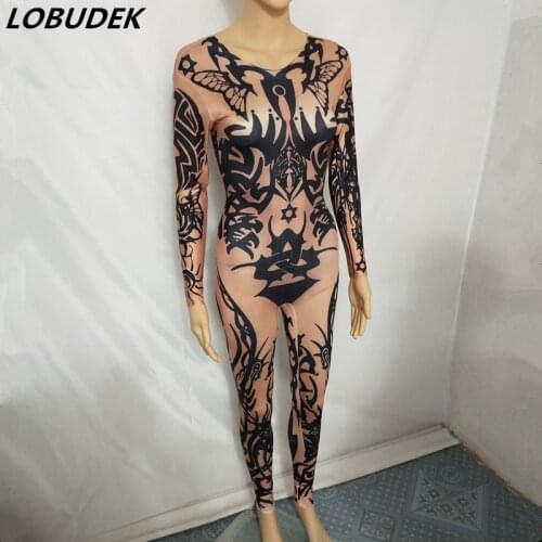 Tattoo Pattern Elastic Nude Jumpsuit Sexy Women Nightclub DJ Stage Wear Bar Club Party Dancer Pole Dance Performance Leggings
