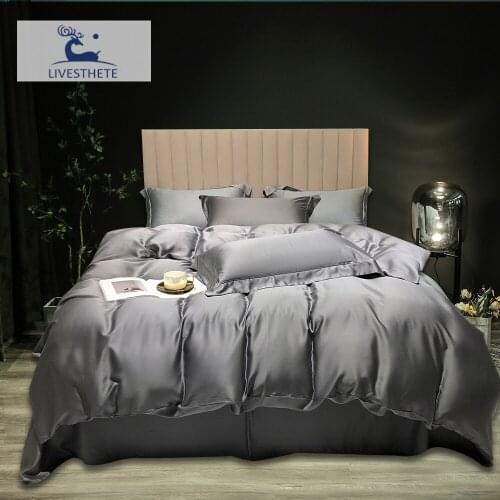 Liv-Esthete Dark Gray Pure 100% Silk Bedding Set Soft Quilt Cover Set Bed Sheet Pillowcase Flat Sheet Double Bed Set For Women