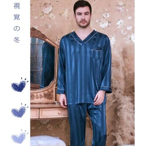 Mens Striped Leisure Pajamas Ice Silk Plus Size Long-sleeved Suit Sleeping Satin Sleepwear Clothes All Seasons Homewear J010