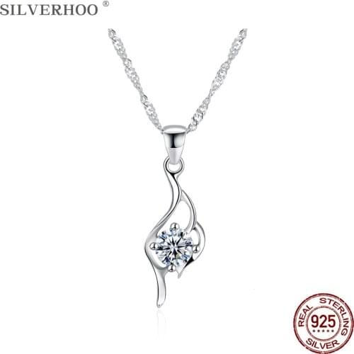 SILVERHOO Sterling Silver 925 Necklace For Women Geometry Round Smooth Cubic Zirconia Pendant Necklaces Elegant Silver Jewelry