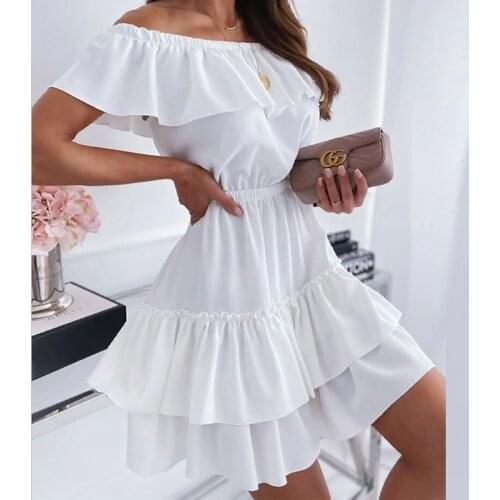 Casual Fashion Lady Solid Ruffle Dress Women Elegant Elastic Waist Mini Dress Vestido 2021 Summer Sexy Off-Shoulder Party Dress