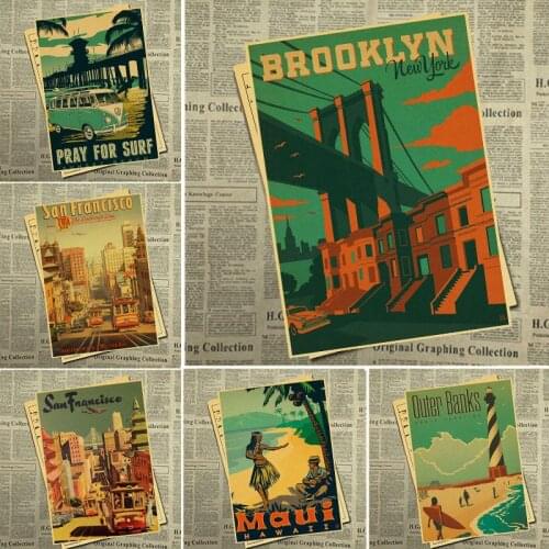 Retro Poster Wall Sticker San Francisco Hawaii Landscape Poster Wall Sticker High Quality Bar Home Furnishing Mural