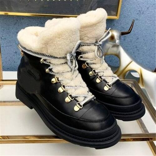 Stitching Wool Snow Boots Metal Decorative Ski Boots Mixed Color Short Boots Lace-Up Martin Boots Platform Womens Shoes