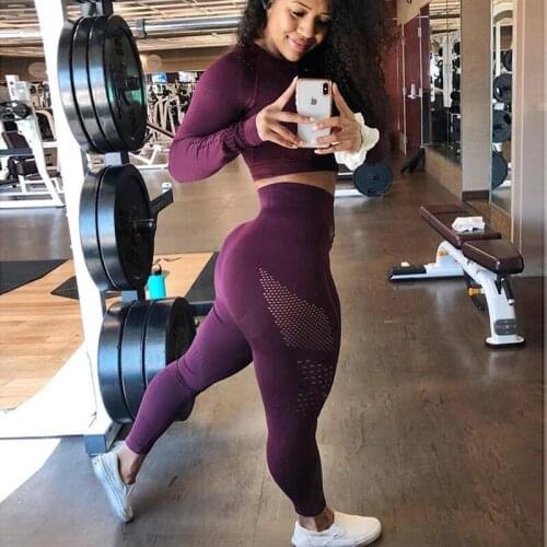 Fitness Sports Suits Women Seamless Set GYM Cloth Long Sleeve Shirts High Waist Running Leggings Workout Pants Shirts