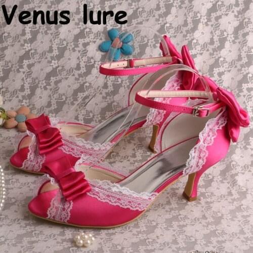 Discount Wedding Shoes Bridal Fuchsia Satin Ankle Strap Bridesmaid Shoes Bowtie