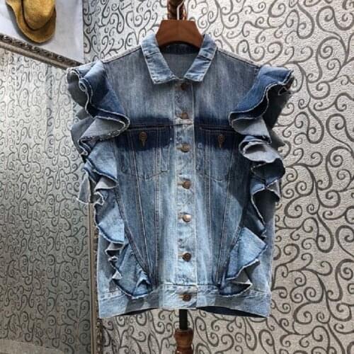 100%Cotton Denim Jacket 2021 Spring Summer Tops Coat High Quality Women Turn-down Collar Ruffle Sleeveless Casual Jeans Coat