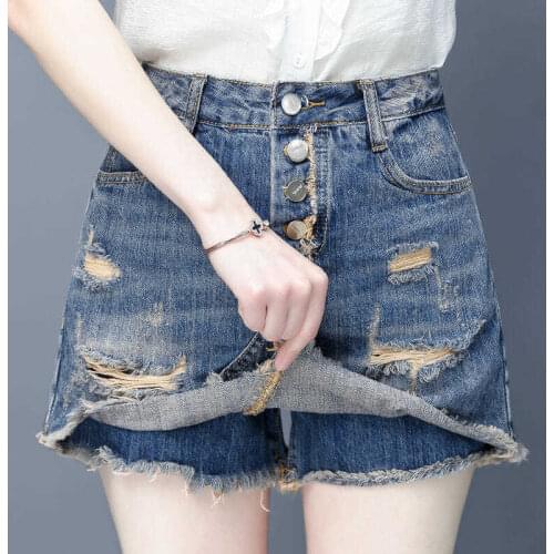 2021 New Women Summer High Waist Denim Shorts Casual Jeans Shorts Sexy Ripped Hole Female Button Shorts Skirts