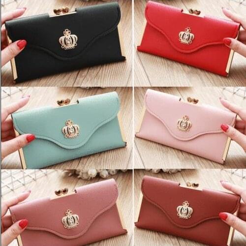 Womens Wallet Ladies Crystal Diamond Crown Decorated Long Card Holder Clutch Bag Case Female Retro Leather Purse Handbag