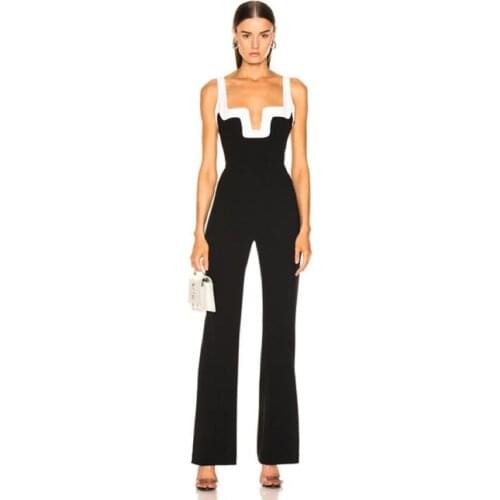 2020 New Straps V Neck Black Bandage Jumpsuit Sexy Long Pants V Neck Suit Elegant Women Night Vintage Vestios