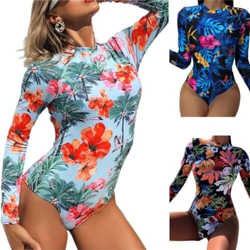 2021 Women Backless One-piece Swimsuit Adults Padded Wire-Free Flower Print Long Sleeve Round Neck Swimwear Bikinis