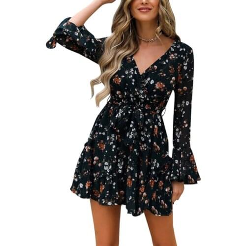 Women Summer Elegant Print Mini Dress Bohemia Sexy Halter V-neck Long Ruffles Sleeve Dresses Sundresses Boho