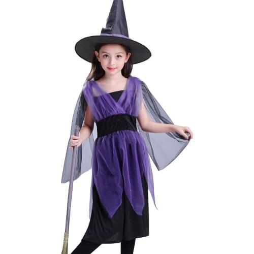 Girls Magic Costume Purple Tulle Dresses and Pointed Hat Princess Halloween Dressup Kids Masquerade Prom Clothing for Party Wear