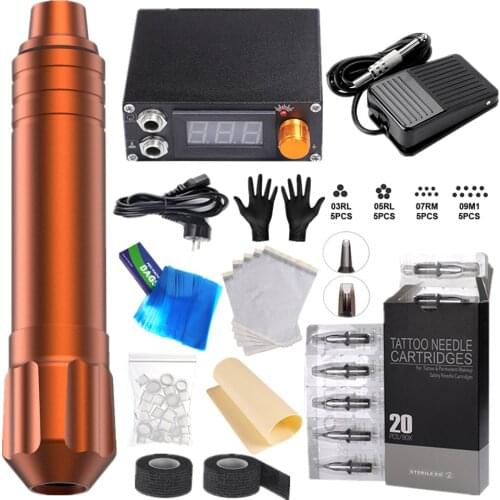 2021 Tattoo Kits Including Rotary Pen Machine, Mini Power Supply, Footpedal ,20pcs Cartridges Needle, Practice Skin Leather