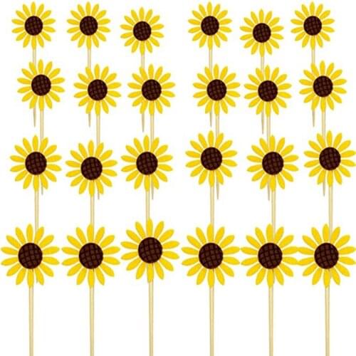 24 Pieces Sunflower Cupcake Toppers Yellow Flower Cake Picks Sunflower Toothpicks Wedding Party Birthday Cake Decorations