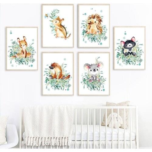 Watercolor Kawaii Koala Mouse Deers Platypus Wall Art Canvas Painting Nordic Posters And Prints Wall Pictures Kids Room Decor