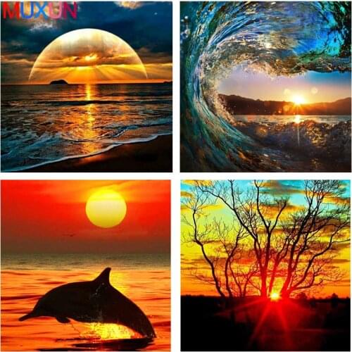 Muxun Diy 5D Diamond Embroidery Scenery Sunset On The Beach Diamond Painting Cross Stitch Home Decoration Round Drill Gift Jq343