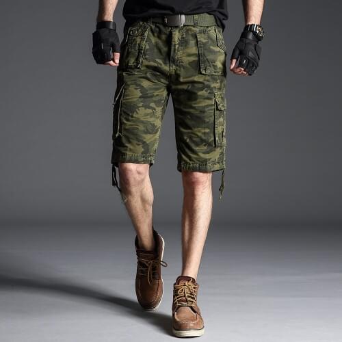 Mens Cargo Shorts Camo Bermuda Male Casual Cotton Many Pockets Breeches Military Camouflage Knee Length Loose Summer Shorts Men